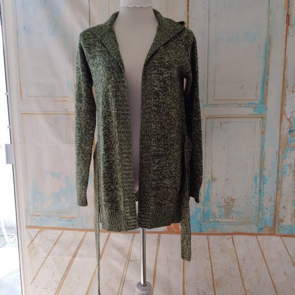 Derek Heart long sleeve hooded  knit cardigan duster sweater w tie/M/green - Picture 9 of 11